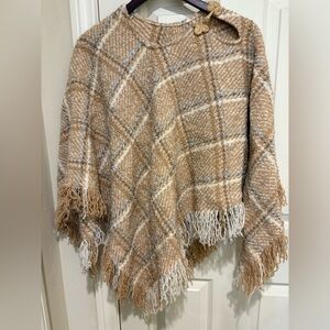 Plaid Fringe Sweater Poncho - Tan and Cream